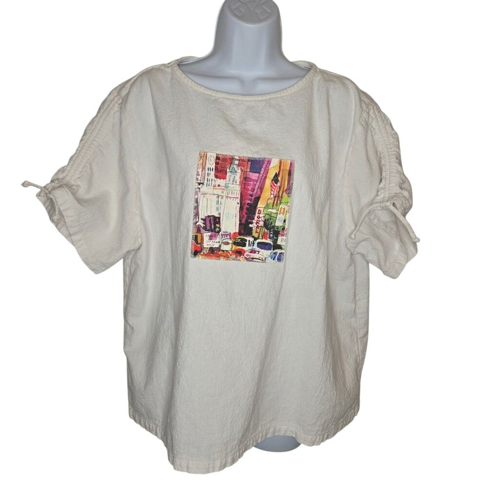 Vintage Michael Leu Art To Wear Short Sleeve Top 1X White City Graphic Print